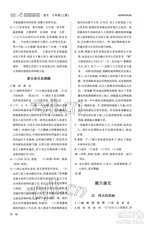 浙江人民出版社2023课时特训七年级下册语文人教版参考答案