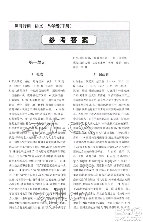 浙江人民出版社2023课时特训八年级下册语文人教版参考答案