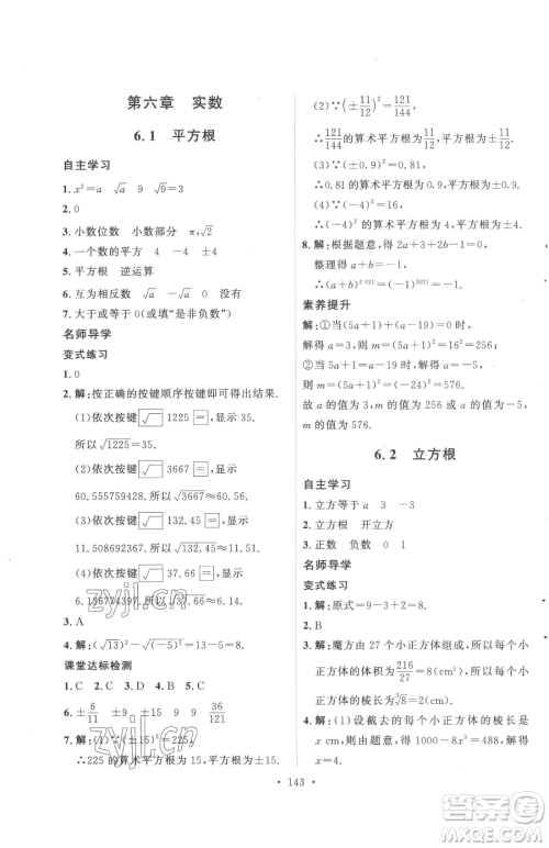 陕西人民出版社2023实验教材新学案七年级下册数学人教版参考答案