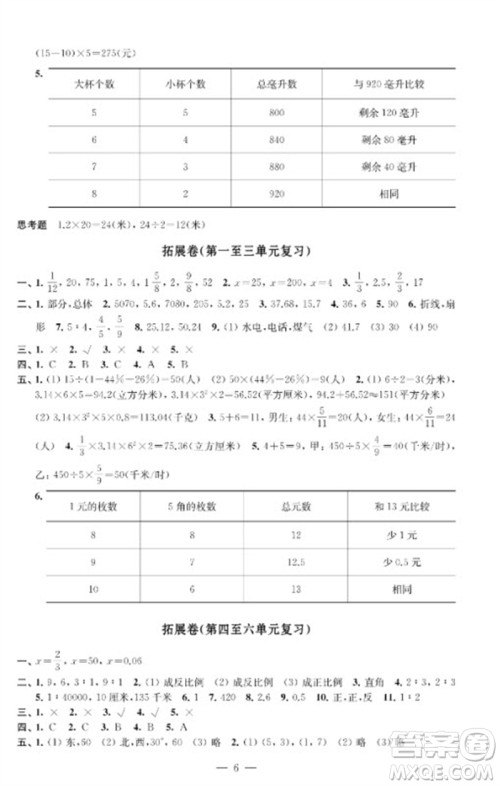 江苏凤凰教育出版社2023小学数学强化拓展卷六年级下册苏教版提优版参考答案 江苏凤凰教育出版社2023小学数学强化拓展卷六年级下册苏教版提优版参考答案