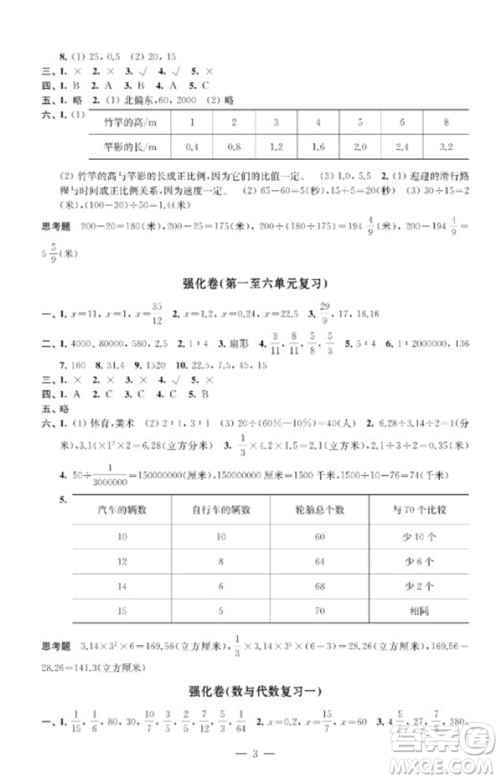 江苏凤凰教育出版社2023小学数学强化拓展卷六年级下册苏教版提优版参考答案 江苏凤凰教育出版社2023小学数学强化拓展卷六年级下册苏教版提优版参考答案