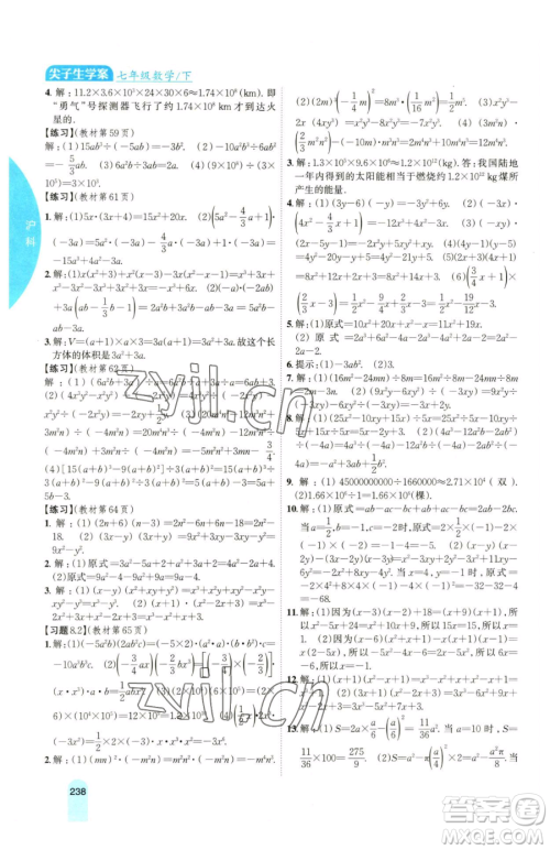 吉林人民出版社2023尖子生学案七年级下册数学沪科版参考答案