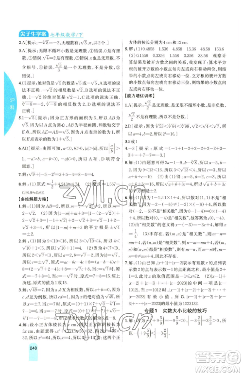 吉林人民出版社2023尖子生学案七年级下册数学沪科版参考答案