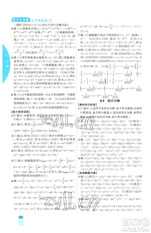 吉林人民出版社2023尖子生学案七年级下册数学沪科版参考答案