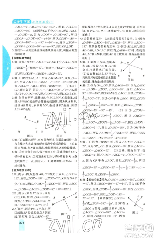 吉林人民出版社2023尖子生学案七年级下册数学沪科版参考答案