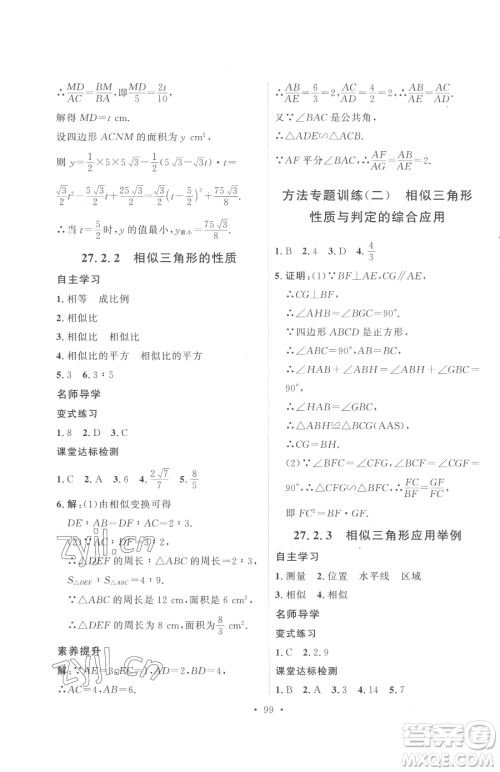 陕西人民出版社2023实验教材新学案九年级下册数学人教版参考答案