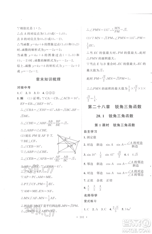陕西人民出版社2023实验教材新学案九年级下册数学人教版参考答案