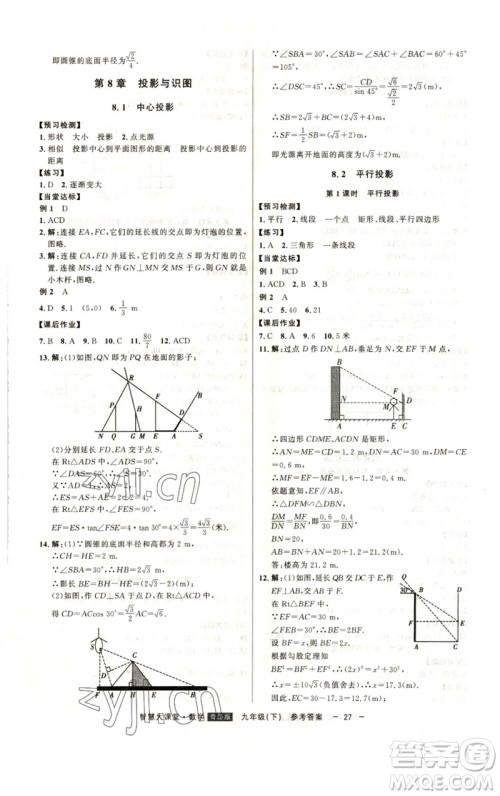 吉林人民出版社2023初中新课标名师学案智慧大课堂九年级数学下册青岛版参考答案