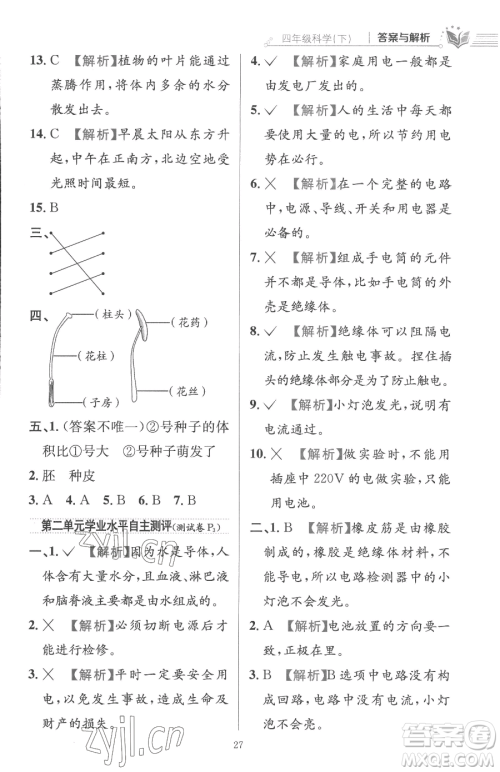陕西人民教育出版社2023小学教材全练四年级下册科学教科版参考答案 陕西人民教育出版社2023小学教材全练四年级下册科学教科版参考答案