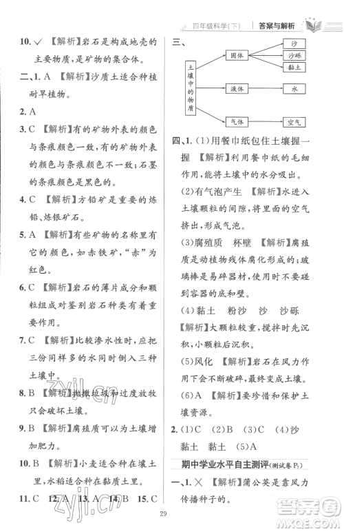 陕西人民教育出版社2023小学教材全练四年级下册科学教科版参考答案