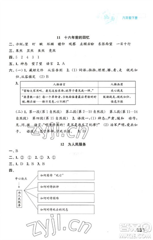 江苏凤凰教育出版社2023练习与测试小学语文六年级下册人教版陕西专版参考答案