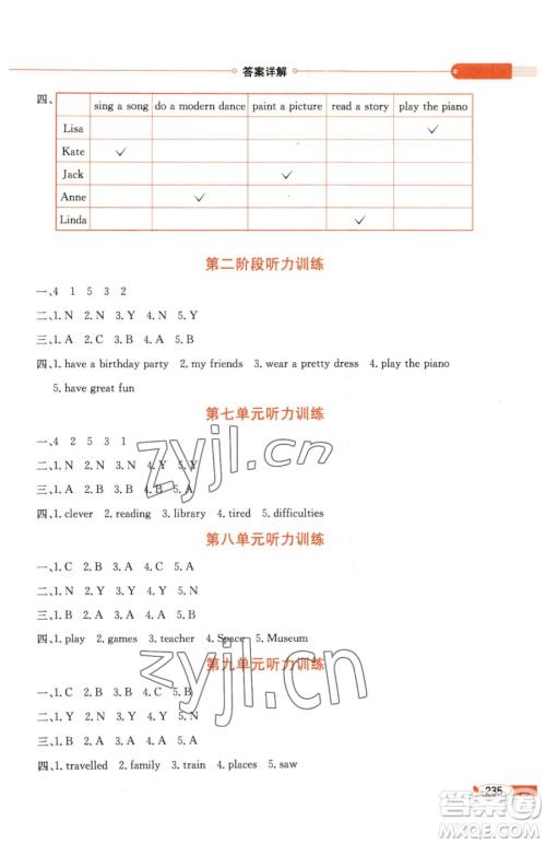 陕西人民教育出版社2023小学教材全解六年级下册英语湘少版三起参考答案