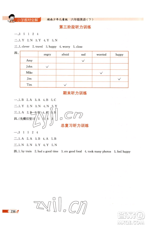 陕西人民教育出版社2023小学教材全解六年级下册英语湘少版三起参考答案