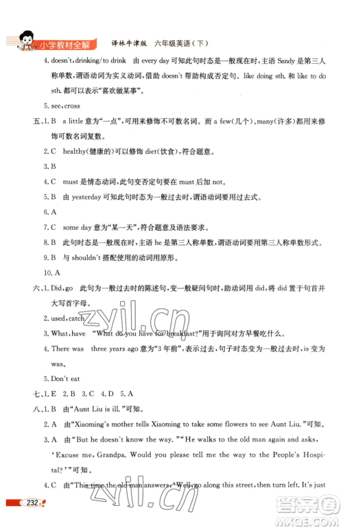 陕西人民教育出版社2023小学教材全解六年级下册英语译林牛津版三起参考答案 陕西人民教育出版社2023小学教材全解六年级下册英语译林牛津版三起参考答案