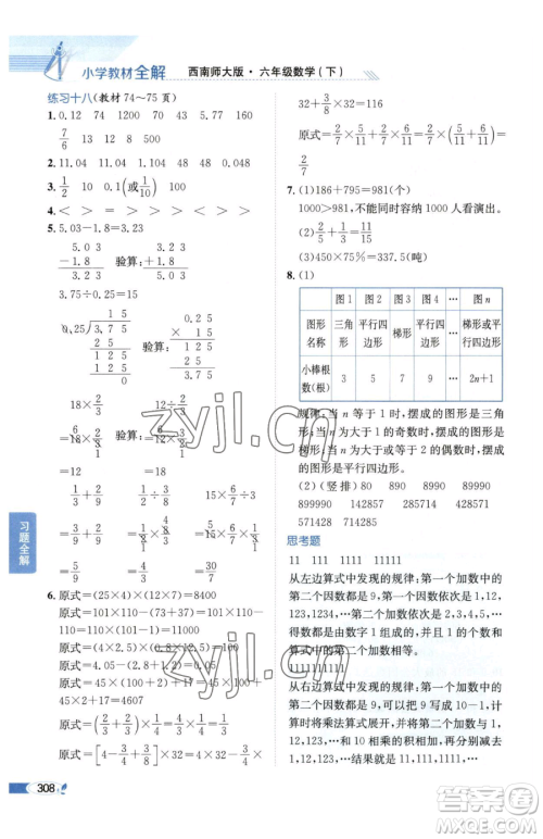 陕西人民教育出版社2023小学教材全解六年级下册数学西南师大版参考答案 陕西人民教育出版社2023小学教材全解六年级下册数学西南师大版参考答案