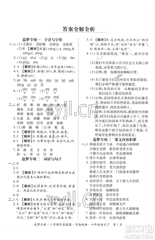 天津科学技术出版社2023追梦之旅小学期末真题篇六年级下册语文人教版河南专版参考答案