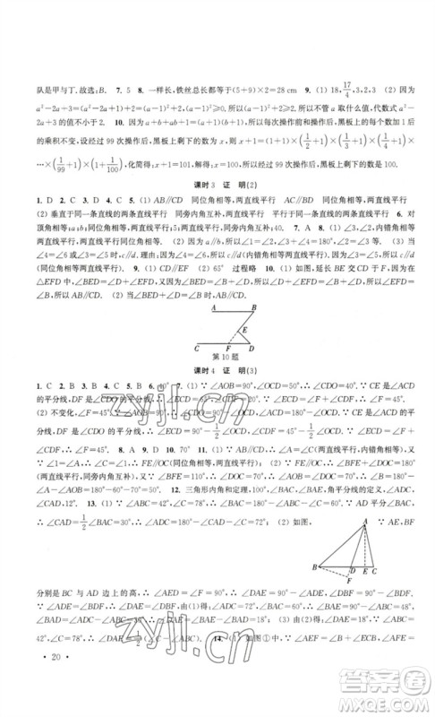 安徽人民出版社2023高效精练七年级数学下册苏科版参考答案