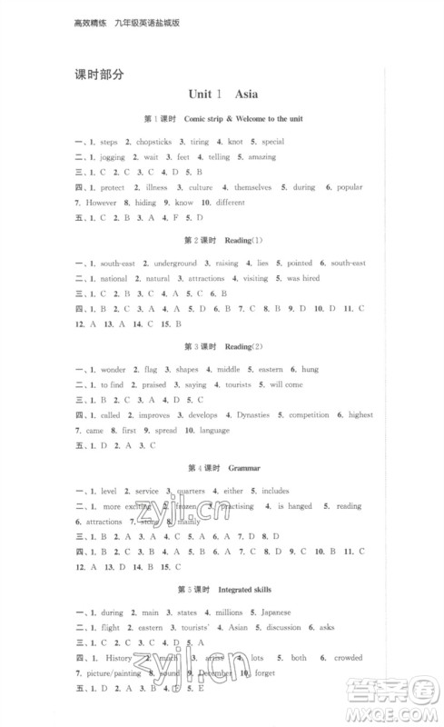 安徽人民出版社2023高效精练九年级英语下册译林牛津版参考答案 安徽人民出版社2023高效精练九年级英语下册译林牛津版参考答案