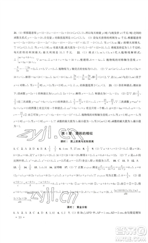 安徽人民出版社2023高效精练九年级数学下册苏科版参考答案