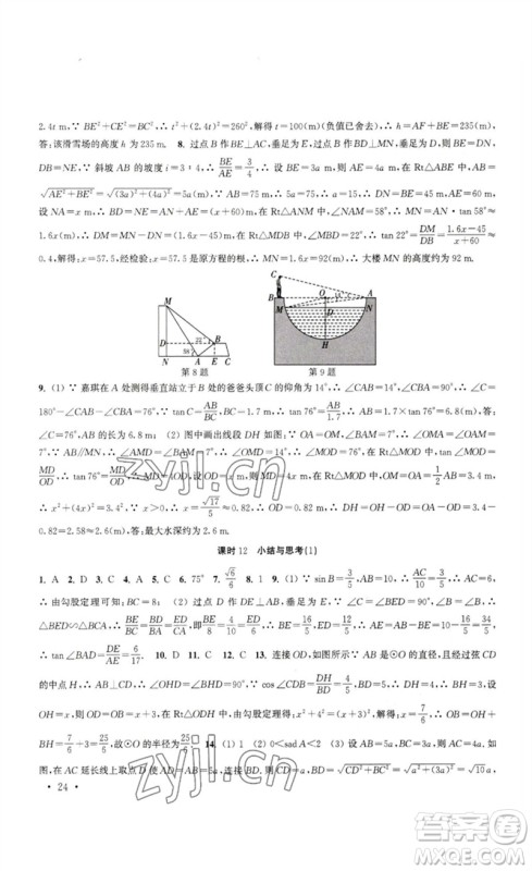 安徽人民出版社2023高效精练九年级数学下册苏科版参考答案