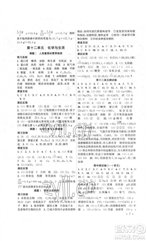 黄山书社2023高效精练九年级化学下册人教版参考答案