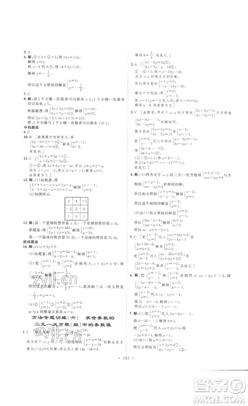 安徽人民出版社2023思路教练同步课时作业七年级数学下册人教版参考答案