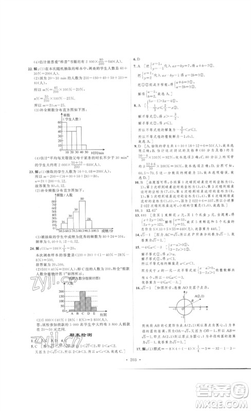 安徽人民出版社2023思路教练同步课时作业七年级数学下册人教版参考答案