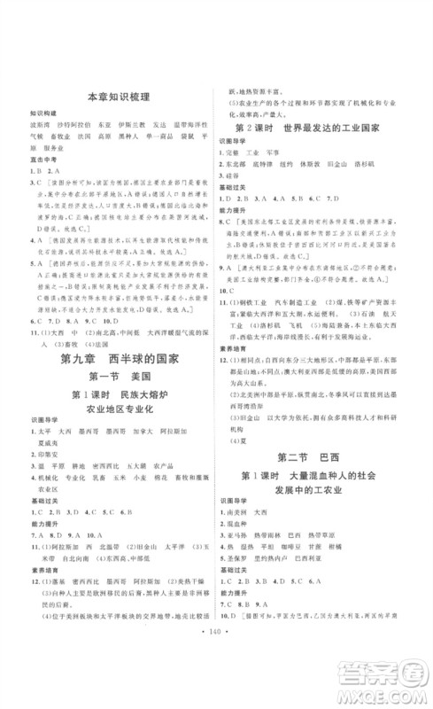 安徽人民出版社2023思路教练同步课时作业七年级地理下册人教版参考答案