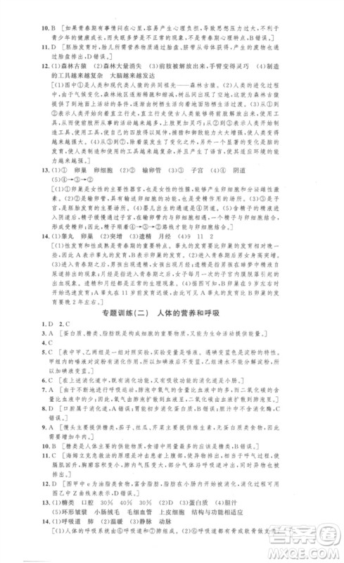 安徽人民出版社2023思路教练同步课时作业七年级生物下册人教版参考答案 安徽人民出版社2023思路教练同步课时作业七年级生物下册人教版参考答案