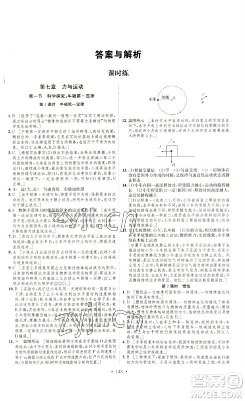 安徽人民出版社2023思路教练同步课时作业八年级物理下册沪科版参考答案