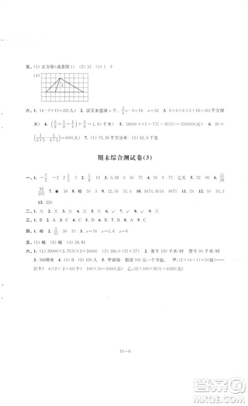 江苏凤凰科学技术出版社2023同步练习配套试卷六年级数学下册苏教版参考答案
