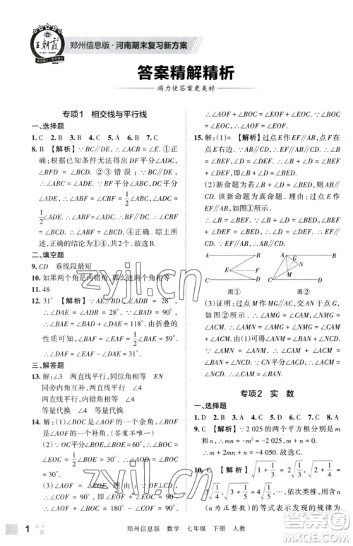 江西人民出版社2023王朝霞期末真题精编七年级下册数学人教版郑州专版参考答案