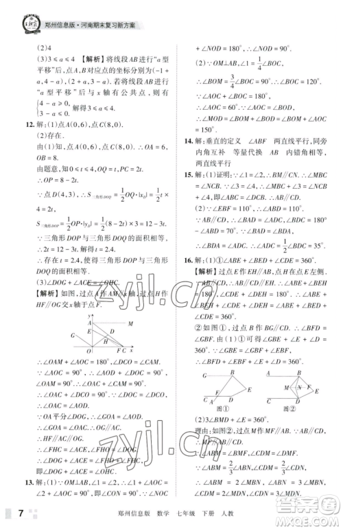 江西人民出版社2023王朝霞期末真题精编七年级下册数学人教版郑州专版参考答案