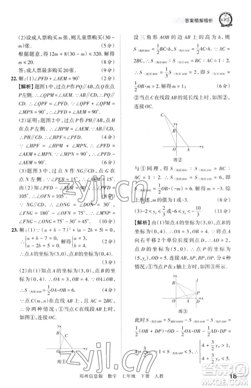 江西人民出版社2023王朝霞期末真题精编七年级下册数学人教版郑州专版参考答案