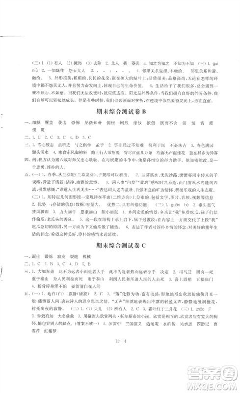 江苏凤凰科学技术出版社2023同步练习配套试卷六年级语文下册人教版参考答案