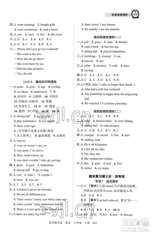 江西人民出版社2023王朝霞期末真题精编六年级下册英语人教版郑州专版参考答案