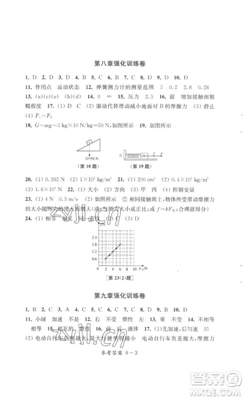 江苏凤凰科学技术出版社2023同步练习配套试卷八年级物理下册苏科版参考答案