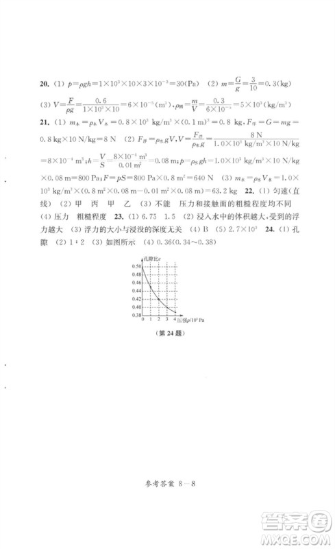 江苏凤凰科学技术出版社2023同步练习配套试卷八年级物理下册苏科版参考答案