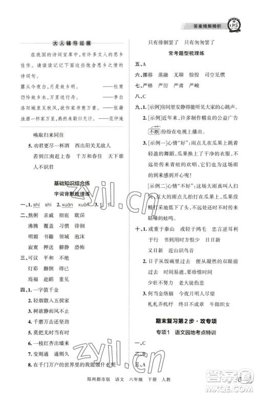 江西人民出版社2023王朝霞期末真题精编六年级下册语文人教版郑州专版参考答案