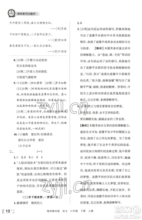 江西人民出版社2023王朝霞期末真题精编六年级下册语文人教版郑州专版参考答案