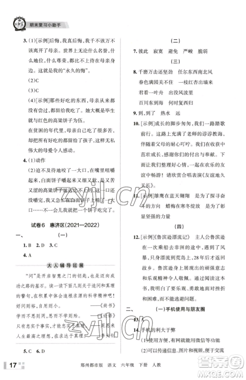 江西人民出版社2023王朝霞期末真题精编六年级下册语文人教版郑州专版参考答案
