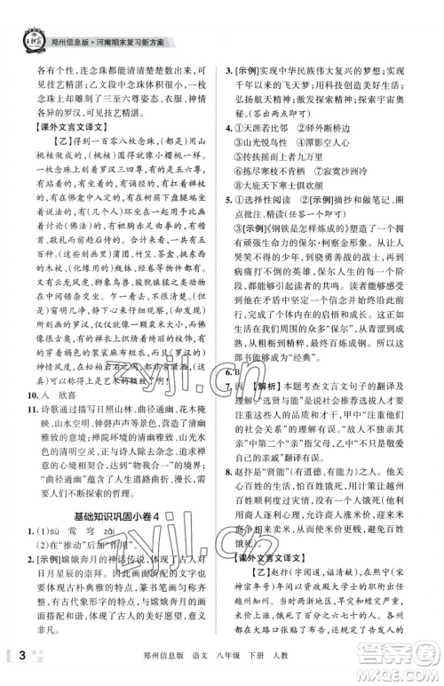 江西人民出版社2023王朝霞期末真题精编八年级下册语文人教版郑州专版参考答案
