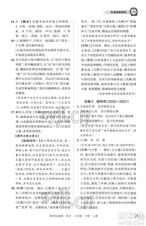 江西人民出版社2023王朝霞期末真题精编八年级下册语文人教版郑州专版参考答案