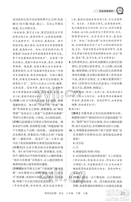 江西人民出版社2023王朝霞期末真题精编八年级下册语文人教版郑州专版参考答案