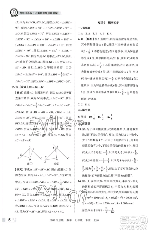 江西人民出版社2023王朝霞期末真题精编七年级下册数学北师大版郑州专版参考答案