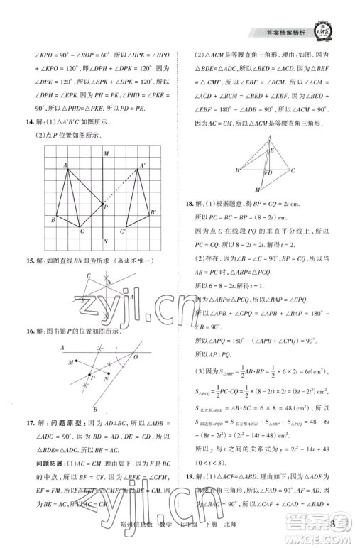 江西人民出版社2023王朝霞期末真题精编七年级下册数学北师大版郑州专版参考答案