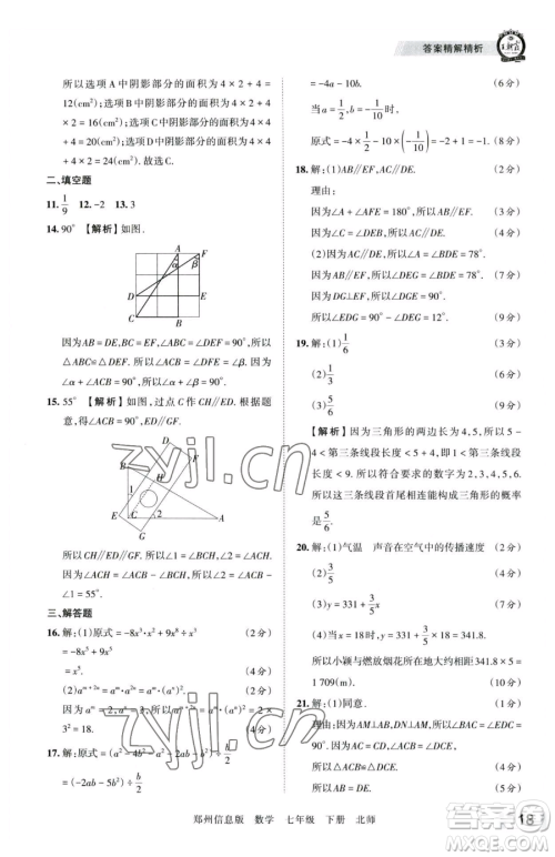 江西人民出版社2023王朝霞期末真题精编七年级下册数学北师大版郑州专版参考答案
