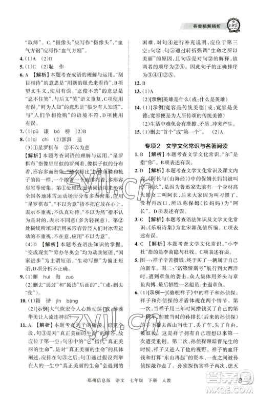 江西人民出版社2023王朝霞期末真题精编七年级下册语文人教版郑州专版参考答案