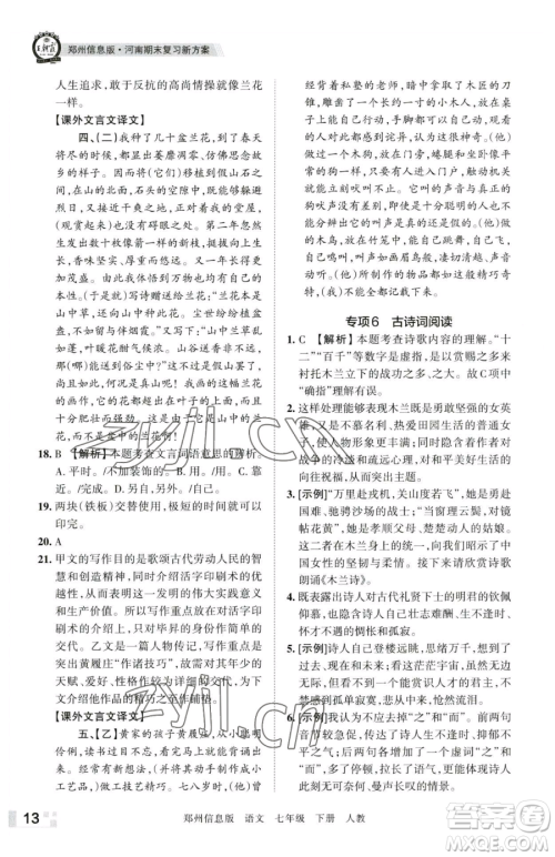 江西人民出版社2023王朝霞期末真题精编七年级下册语文人教版郑州专版参考答案