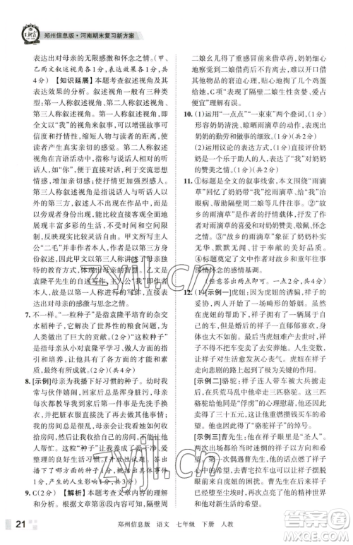 江西人民出版社2023王朝霞期末真题精编七年级下册语文人教版郑州专版参考答案